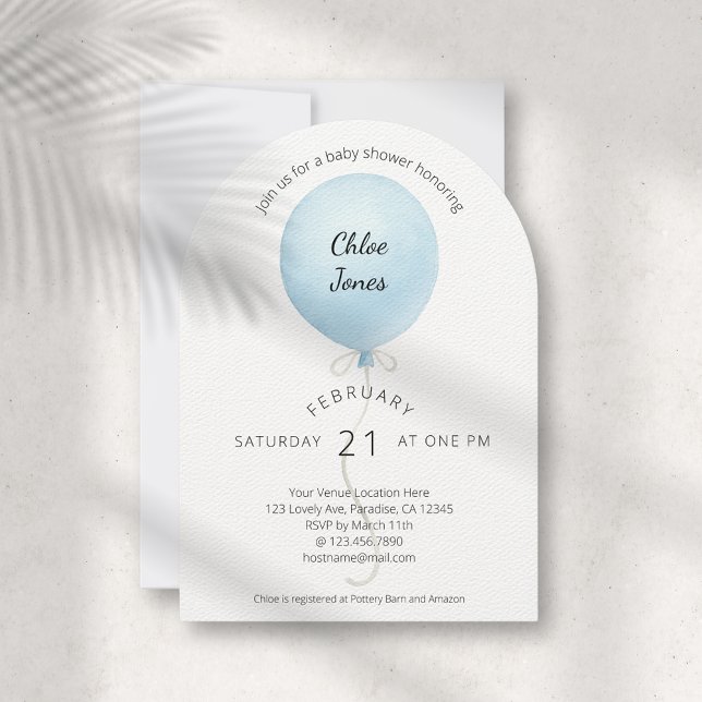 Modern Watercolor Blue Balloon Baby Shower Invitation (Creator Uploaded)