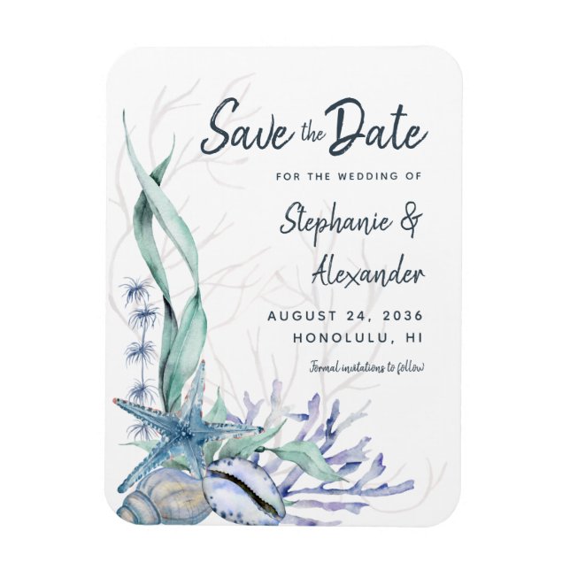 Modern Watercolor Blue Beach Wedding Save the Date Magnet (Vertical)