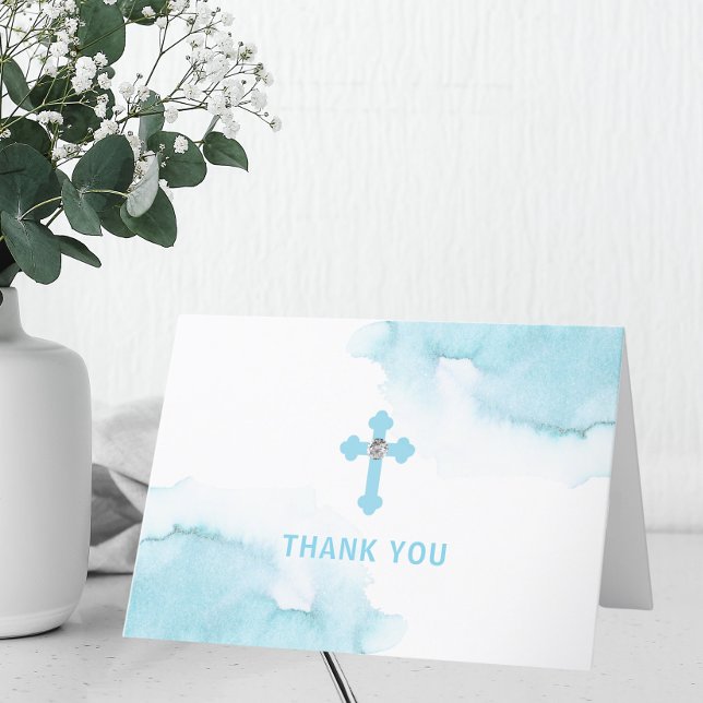 Modern Watercolor Blue BOY Communion Baptism Thank You Card (Creator Uploaded)