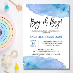 Modern Watercolor Blue BOY Oh BOY Baby Shower Invitation
