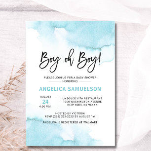Modern Watercolor Blue BOY Oh BOY Baby Shower Invitation