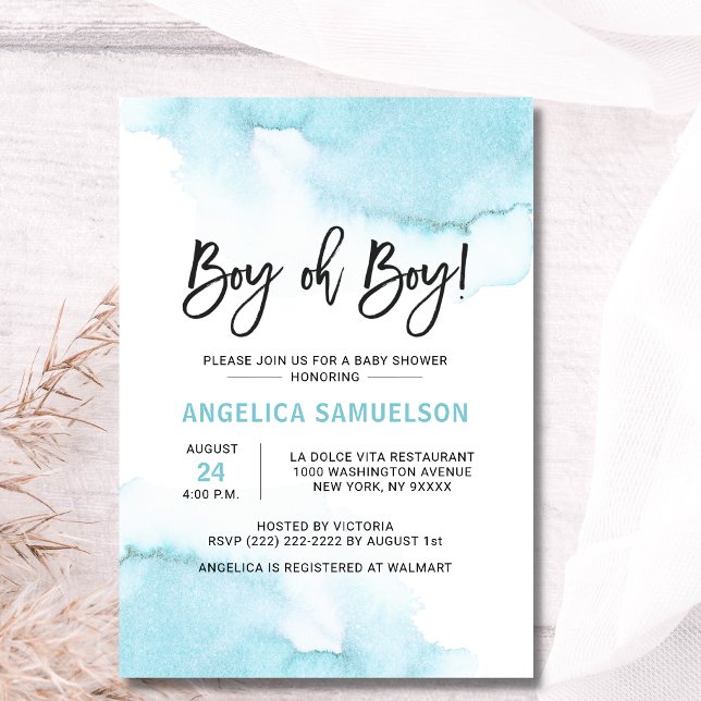 Modern Watercolor Blue BOY Oh BOY Baby Shower Invitation (Creator Uploaded)