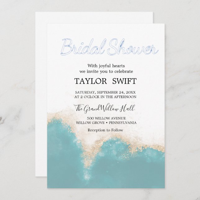Modern Watercolor Blue Bridal Shower Invitation (Front/Back)