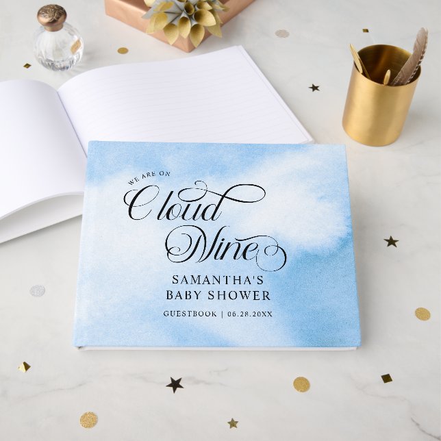 Modern Watercolor Blue Cloud Nine Baby Shower Guest Book (Front Open)