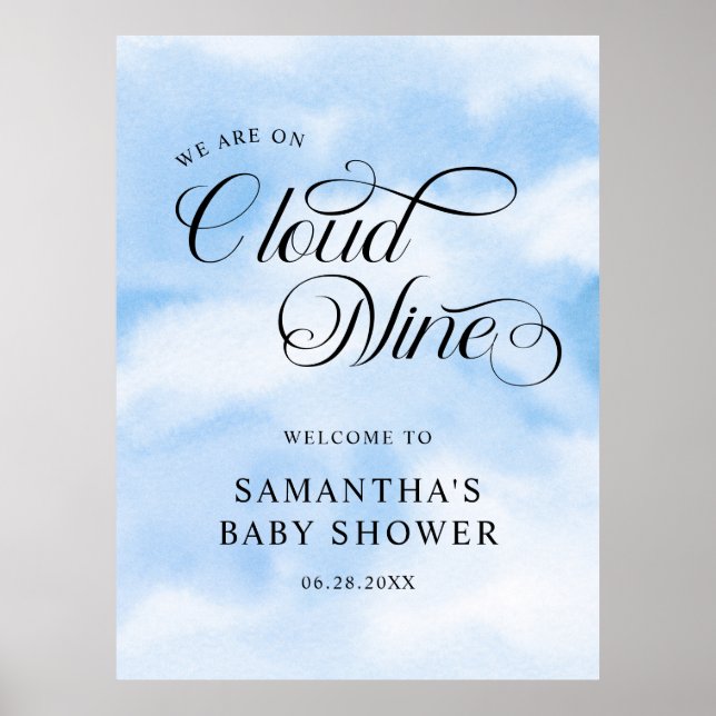 Modern Watercolor Blue Cloud Nine Baby Shower Poster (Front)