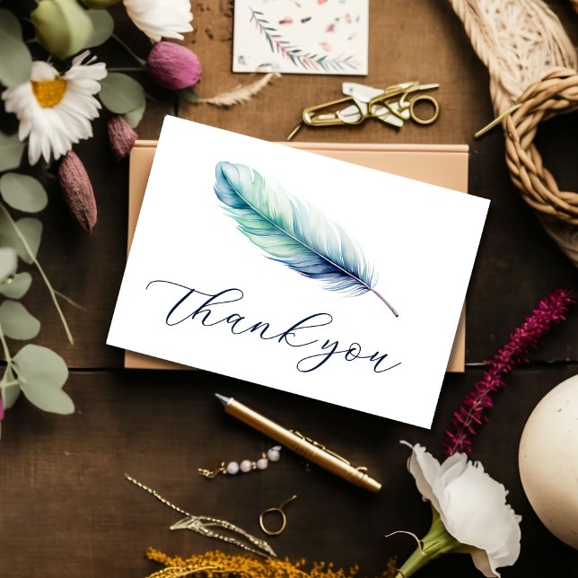 Modern Watercolor Blue Feather Birthday Thank You Card (Creator Uploaded)