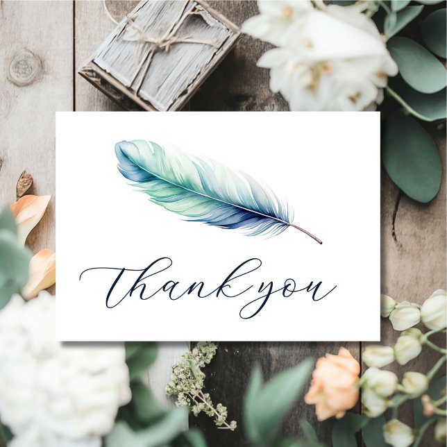 Modern Watercolor Blue Feather Wedding Thank You Card (Creator Uploaded)