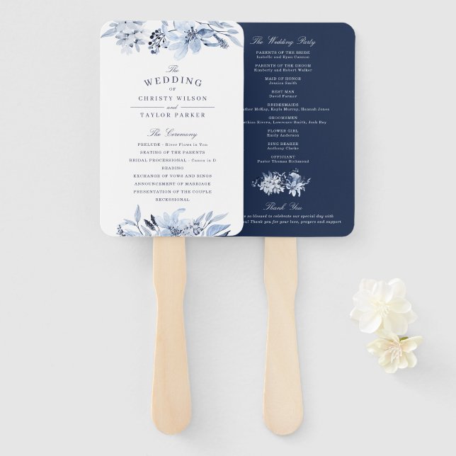 Modern Watercolor Blue Floral Wedding Ceremony Hand Fan (Front and Back)