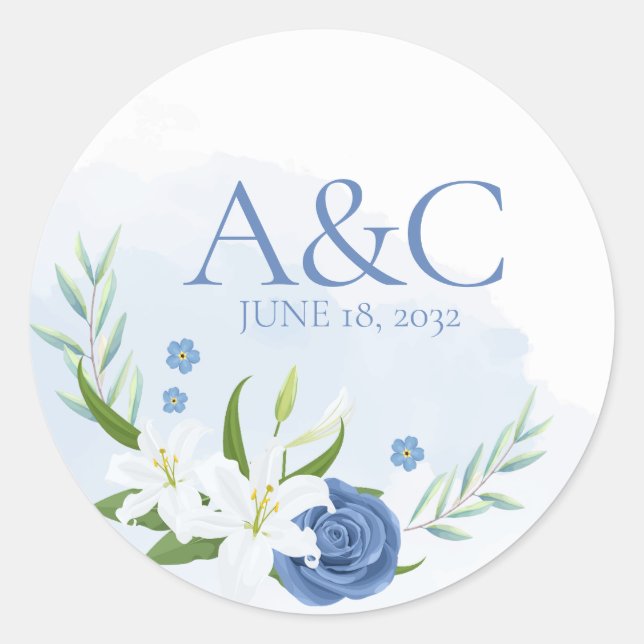 Modern Watercolor Blue Floral Wedding Classic Round Sticker (Front)