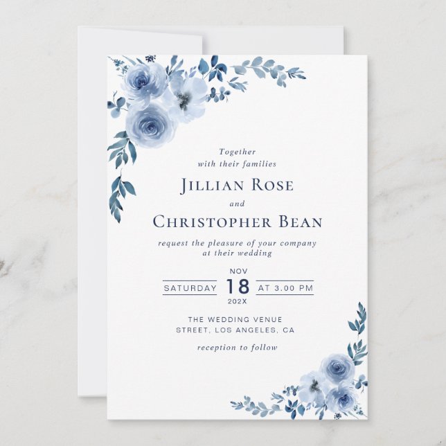 modern watercolor blue floral wedding invitation (Front)