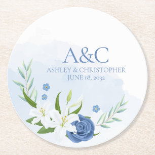 Modern Watercolor Blue Floral Wedding Round Paper Coaster