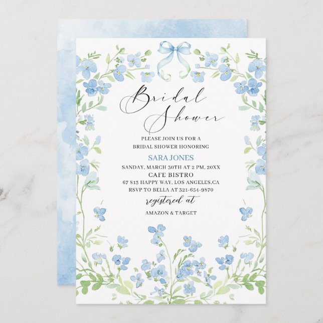 Modern Watercolor Blue flowers Bridal Shower Invitation (Front/Back)