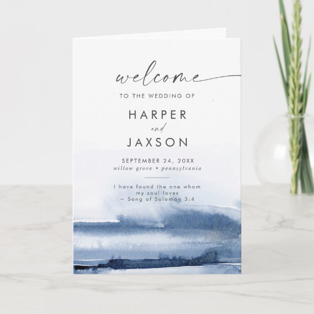Modern Watercolor | Blue Folded Wedding Program Programme (Front)