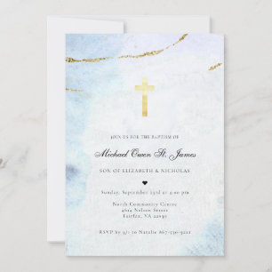 Modern Watercolor Blue & Gold Baptism Invitation
