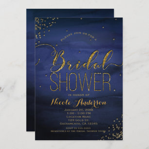 Modern Watercolor Blue Gold Confetti BRIDAL SHOWER Invitation
