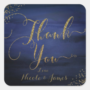 Modern Watercolor Blue Gold Confetti Thank You Square Sticker