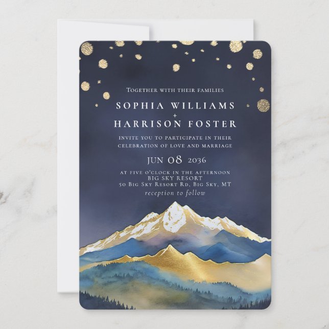 Modern Watercolor Blue Gold Mountain Wedding Photo Invitation (Front)
