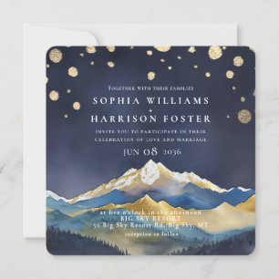 Modern Watercolor Blue Gold Mountain Wedding Photo Invitation