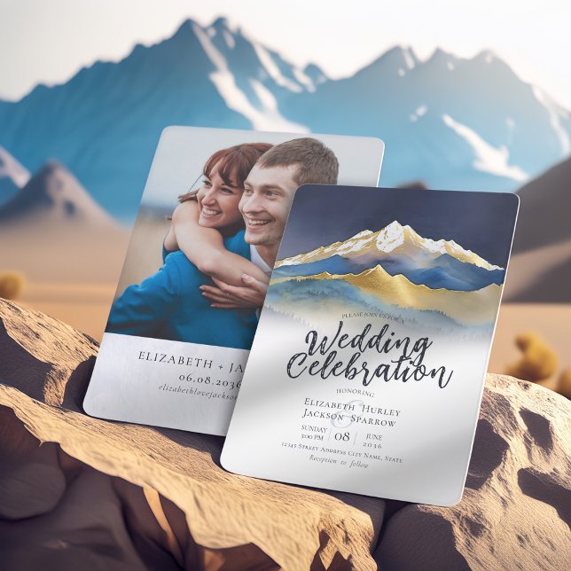 Modern Watercolor Blue Gold Mountain Wedding Photo Invitation (Creator Uploaded)