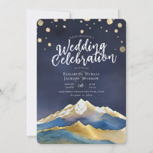 Modern Watercolor Blue Gold Mountain Wedding Photo Invitation