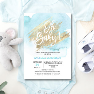 Modern Watercolor Blue Gold Oh Baby Shower 3.5x5" Invitation