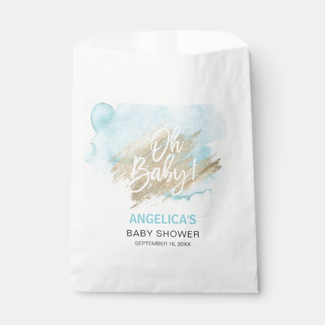 Modern Watercolor Blue Gold Oh Baby Shower Favour Bags (Front)