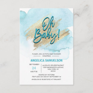 Modern Watercolor Blue Gold Oh Baby Shower Invitation