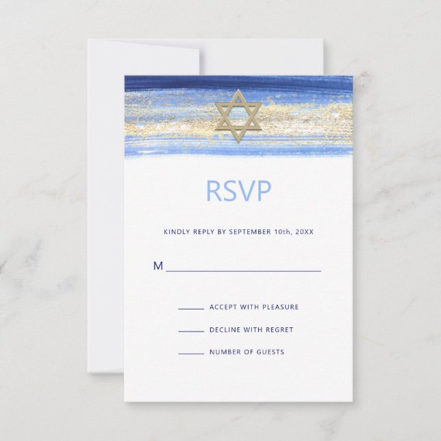 Modern Watercolor Blue Gold Star BAR MITZVAH RSVP Card (Front)