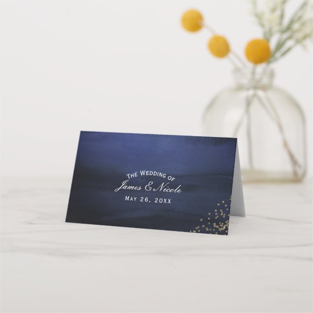 Modern Watercolor Blue Gold Table Number Seat Place Card (Front)
