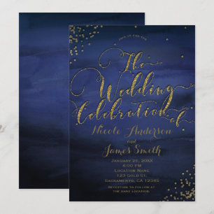 Modern Watercolor Blue & Gold Wedding Celebration Invitation