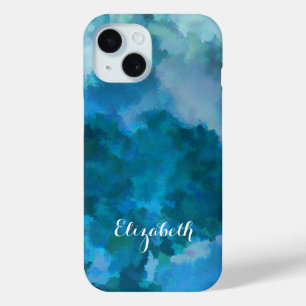 Modern Watercolor Blue Green Custom Name Template iPhone 15 Case