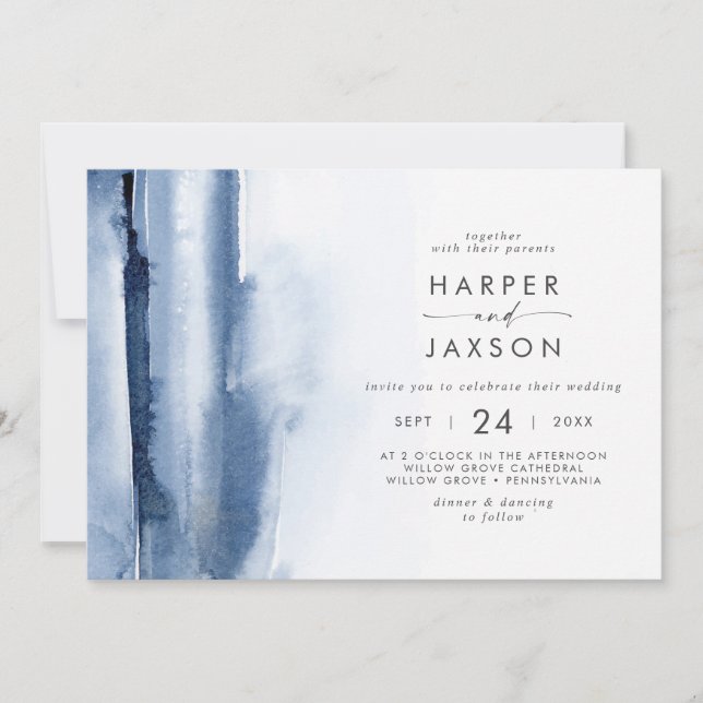 Modern Watercolor |  Blue Horizontal Wedding Invitation (Front)