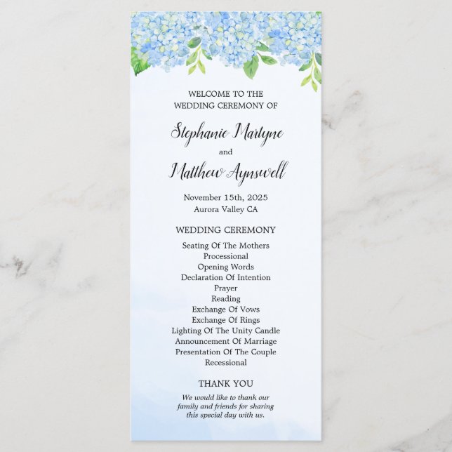 Modern Watercolor Blue Hydrangea Wedding Ceremony Programme (Front)