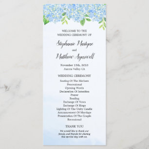 Modern Watercolor Blue Hydrangea Wedding Ceremony Programme