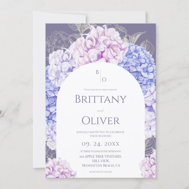 Modern Watercolor Blue & Lavender Florals Wedding Invitation (Front)
