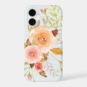 Modern Watercolor Blue n Pink Floral Rose Foliage