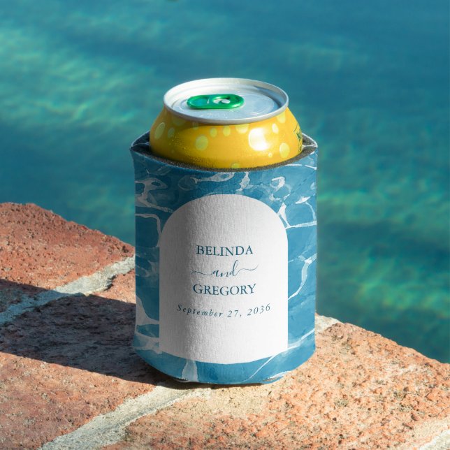 Modern Watercolor Blue Ocean Beach Wedding Can Cooler (In Situ Pool)