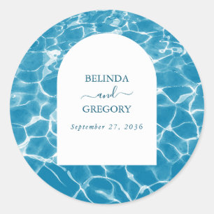 Modern Watercolor Blue Ocean Beach Wedding Classic Round Sticker