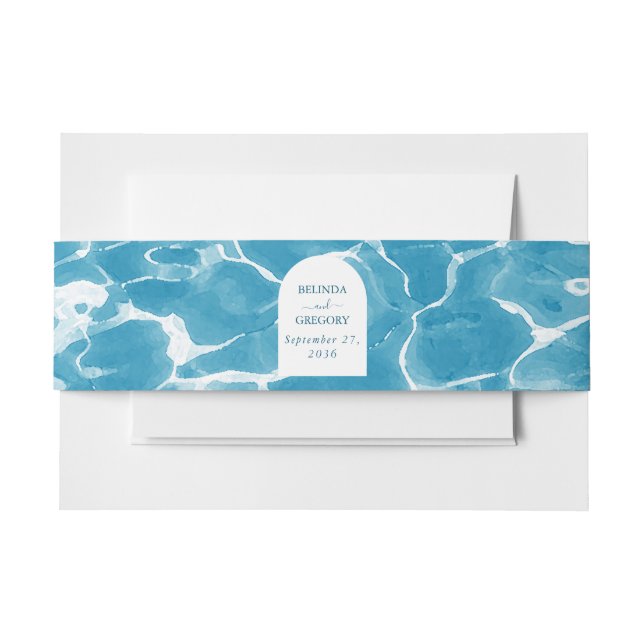 Modern Watercolor Blue Ocean Beach Wedding Invitation Belly Band (Front Example)