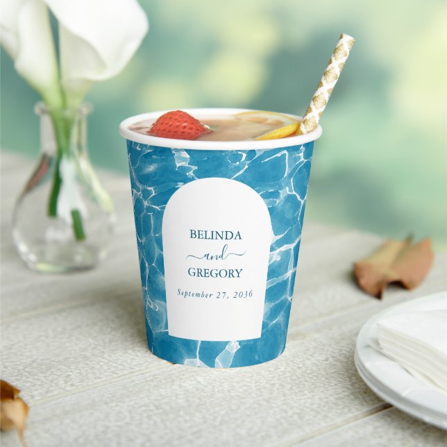 Modern Watercolor Blue Ocean Beach Wedding Paper Cups (Insitu)