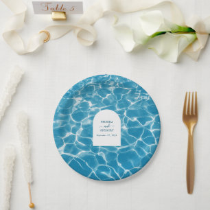 Modern Watercolor Blue Ocean Beach Wedding Paper Plate