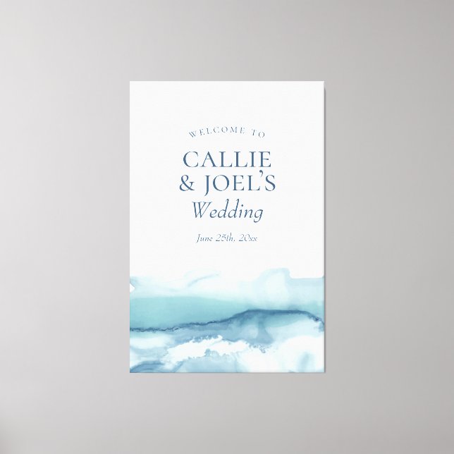 Modern Watercolor Blue Ocean Wedding Welcome Sign (Front)