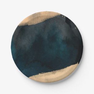 Modern Watercolor Blue & Peach Coral Chic Wedding Paper Plate