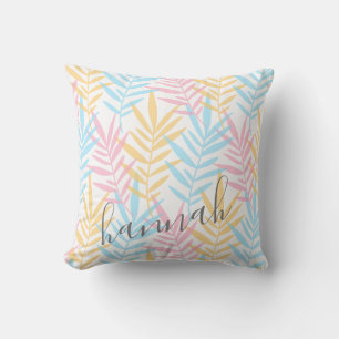 Modern Watercolor Blue Pink Yellow Palm Leaves Cushion