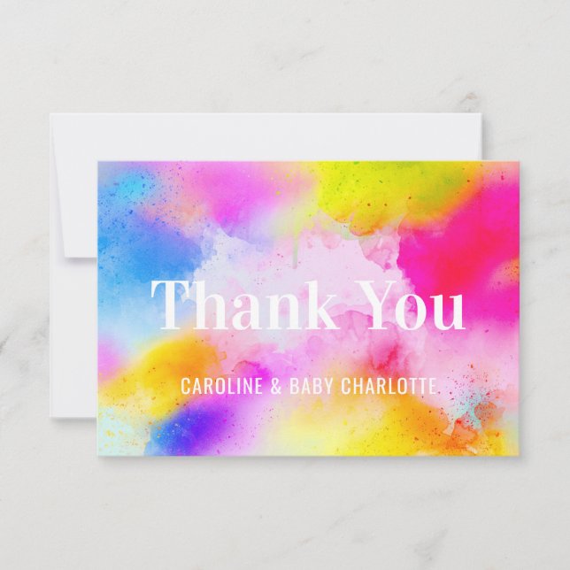 Modern Watercolor Blue Pink Yellow THANK YOU Card (Front)