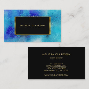 Modern watercolor blue purple splatter gold frame business card