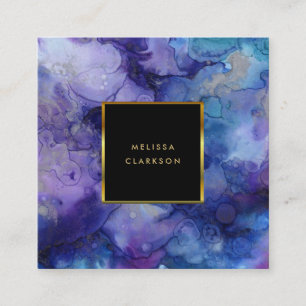 Modern watercolor blue purple splatter gold frame square business card