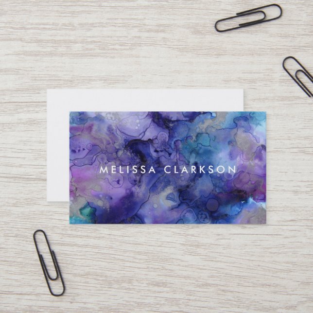 Modern watercolor blue purple splatter splash business card (Front/Back In Situ)