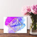 Modern Watercolor Blue Purple Turquoise THANK YOU<br><div class="desc">Lovely modern watercolor THANK YOU cards with text in front. Blue, teal, turquoise, purple, violet mix of colours. Script letters. Faux gold foil frame. BACK OF CARD is blank and option to add your handwritten message / notes. Perfect for any occasion such as wedding, baby shower, graduation, birthday, christening /...</div>