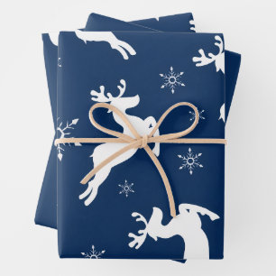 Modern Watercolor Blue Reindeer Snow Christmas Wrapping Paper Sheet